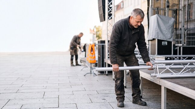 Techniker montiert Aluminiumtraverse beim B&uuml;hnenaufbau im Freien