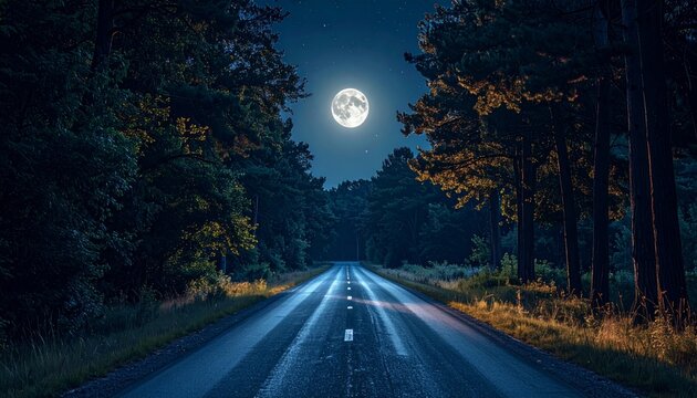 Full moon over forest road at night | Ethereal landscape scenery