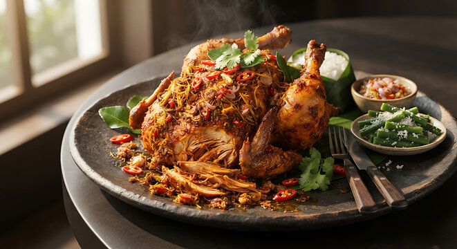 Traditional Indonesian spiced whole roasted or fried chicken ayam bumbu with herbs, chili, and side dishes
