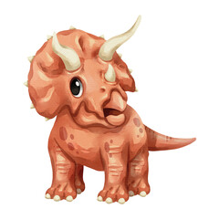 Watercolor triceratops dinosaur isolated PNG illustration, featuring a cute hand-drawn orange horned prehistoric creature cartoon character on a transparent background for digital design and crafting. © stockdevil