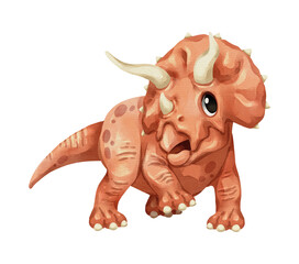 Watercolor triceratops dinosaur isolated PNG illustration, featuring a cute hand-drawn orange horned prehistoric creature cartoon character on a transparent background for digital design and crafting. © stockdevil