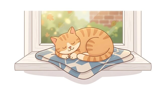 A cute ginger tabby cat sleeping peacefully on a soft blanket placed on a sunny window sill.