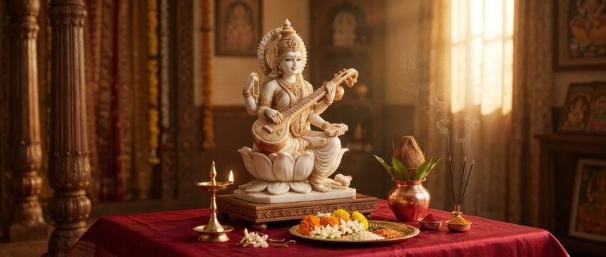 Marble statue of hindu deity holding stringed instrument sitting on lotus flower during festival ceremony
