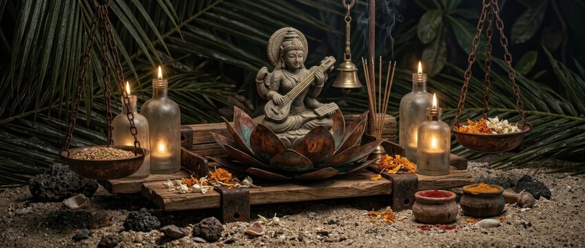 Saraswati avahan ritual offering featuring deity statue with musical instrument and glowing candles