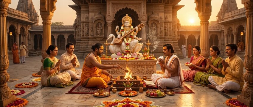 Traditional Hindu ritual invocation ceremony with devotees praying before a sacred deity statue in an ancient temple courtyard at sunrise