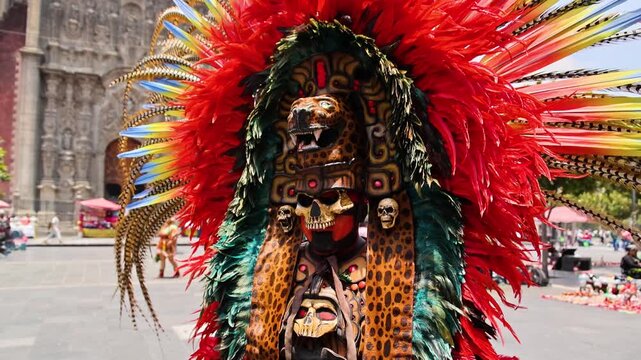 Aztec Jaguar Warrior Costume With Feathered Headdress In Mexico City Zocalo
