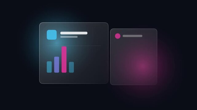Abstract dashboard glassmorphism interface on dark background.