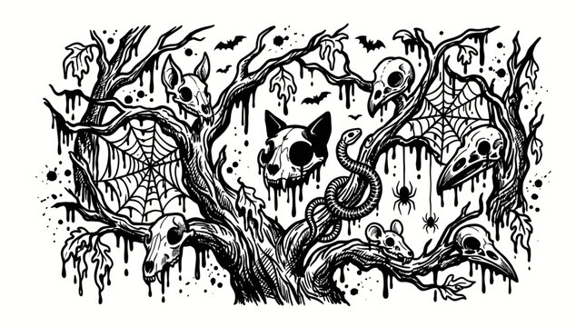Spooky halloween forest with skulls and webs ink illustration