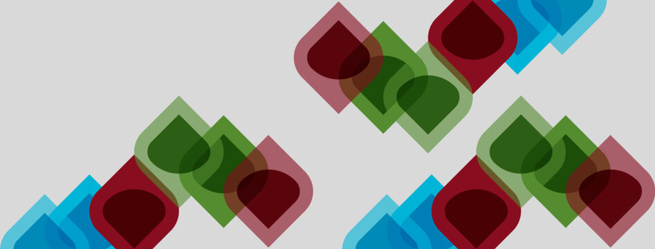 Abstract pattern features overlapping squares. Colors include red, green, blue, gray. Simple geometric design creates visual texture.