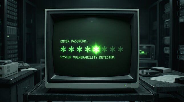 Retro computer monitor displaying password entry screen and system vulnerability alert warning