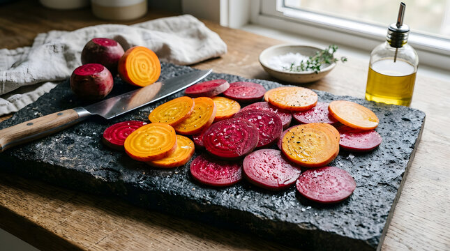 Slices of red and golden beets organized on black stone cutting board with chef knife.