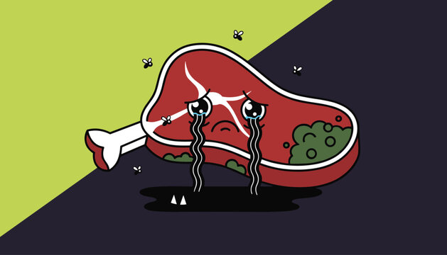 Sad and crying piece of raw T-bone meat with flies buzzing around it, visually depicting spoiled or wasted food concept.