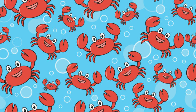 Playful seamless pattern of happy smiling red crabs swimming in clear blue water with bubbles on a sunny tropical ocean floor.