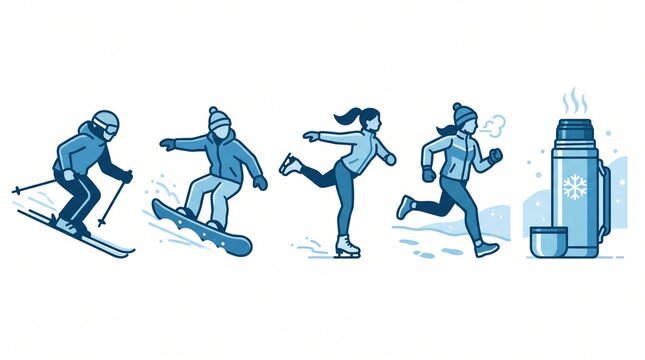 Winter Sport Cold Weather Fitness Flat Vector Icon Set