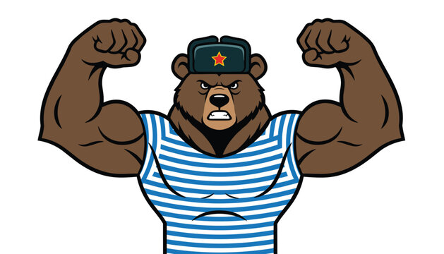 Strong and aggressive brown bear character wearing a Russian ushanka hat with a red star and a striped sailor shirt flexing biceps.