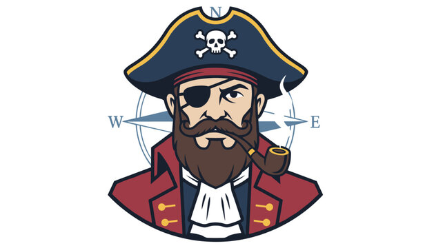 Portrait of a bearded pirate captain wearing a captain hat with skull and crossbones smoking a pipe with a compass behind him.