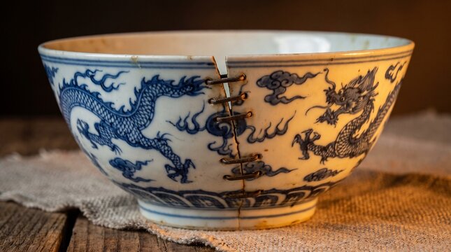 Antique porcelain bowl with traditional blue dragon illustration repaired using metal staples