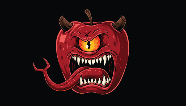 Aggressive red devil apple monster with one burning eye horns sharp fangs and a long snake tongue on a black background.