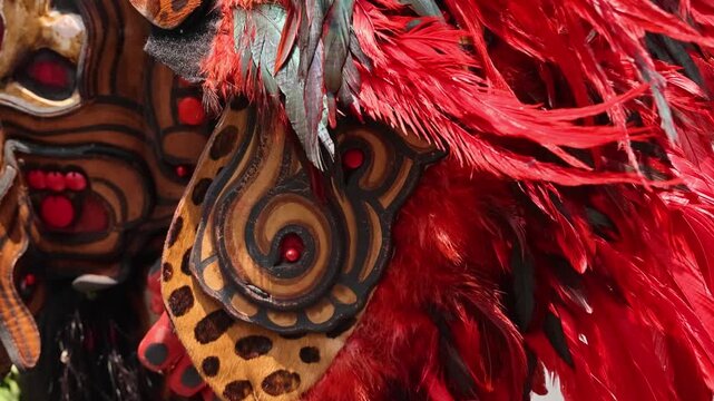 Close Up Of Aztec Jaguar Warrior Costume With Carved Mask Feathers Skulls