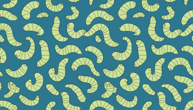 Beautiful seamless pattern featuring small light green cartoon worms or maggots over a solid dark blue background.