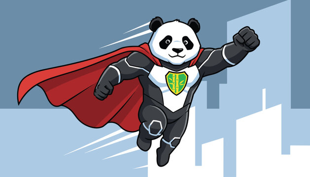 Cute panda cartoon character dressed as a superhero in a black suit and red cape flying fast above a city skyline.