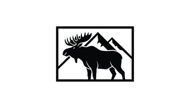 Silhouette of a wild moose standing in front of mountain peaks inside a rectangular frame, representing nature and wilderness.
