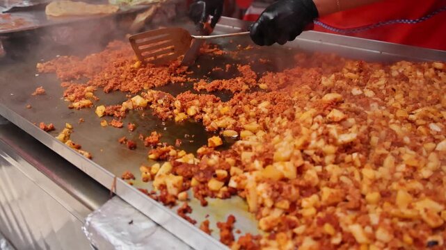 Street Vendor Cooking Chorizo And Potatoes On Griddle In Mexico City Market