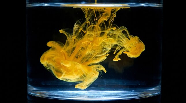 Yellow ink dissolving in water creating abstract patterns and colorful smoke effect