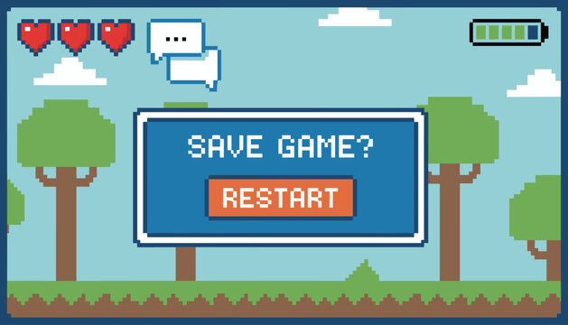 Pixel art video game interface showing a save game prompt with restart button, hearts, and forest background.