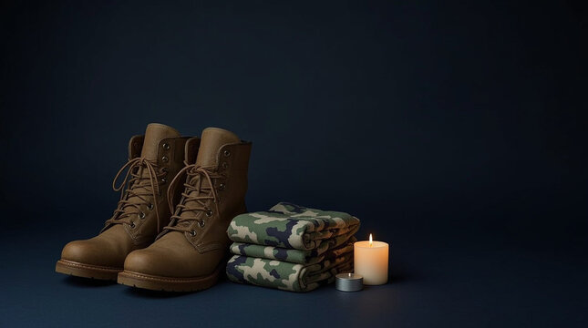 Military boot camouflage fabric candle dark background