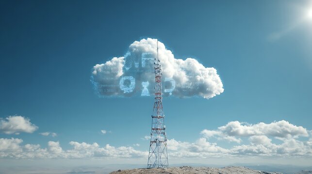 Cell tower emerging from a fluffy cloud symbolizing cloud computing and network connectivity in a digital sky
