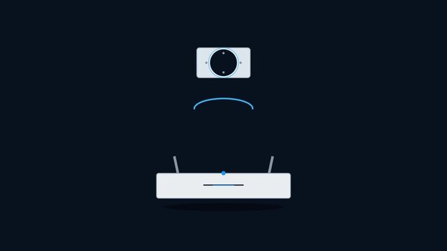 Premium technology motion graphic showing a Wi-Fi router sending an upward signal to activate a floating network node with bidirectional communication.