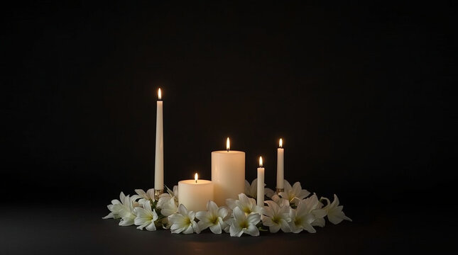 Candle memorial arrangement with white flower wreath evokes quiet remembrance