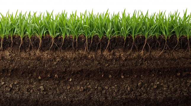 Grass root soil cross section showing fertile earth and sustainable agriculture growth