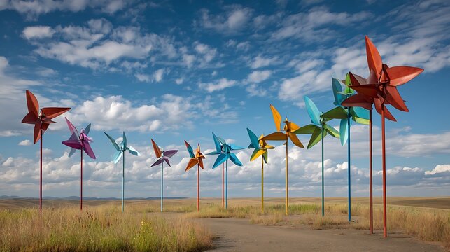 Colorful pinwheel sculptures arranged in a row on a grassy field under a blue sky representing wind energy and outdoor art installations