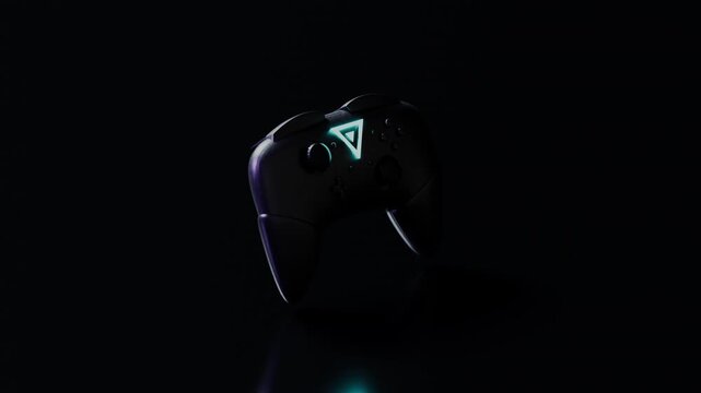 Studio isometric view presenting the ergonomic layout and balanced geometry of the gamepad, highlighting asymmetrical thumbstick placement, durable composite materials, panoramic view.