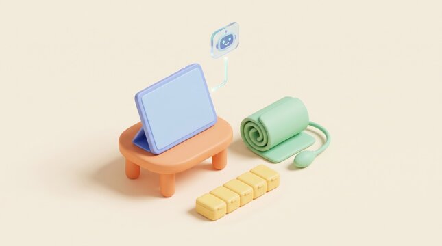 AI Health Signal Triage concept. Tablet device on stand with fitness tracker, cable, and smart plug illustration