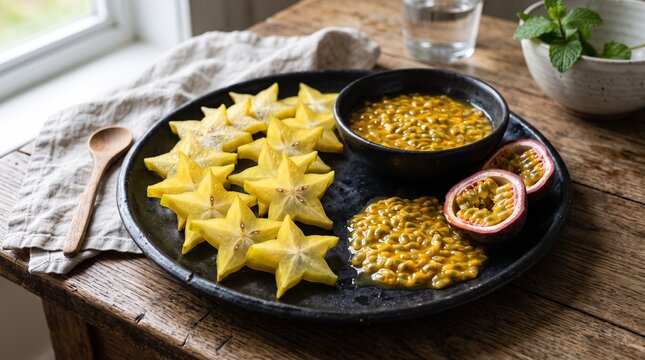 Fresh star fruit slices and passion fruit pulp on ceramic plate offer exotic tasting menu.