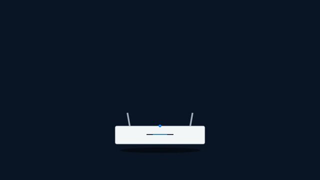 Premium 4K motion graphic showing a Wi-Fi router emitting wireless signals that transform into an active connected digital network grid, seamless loop.