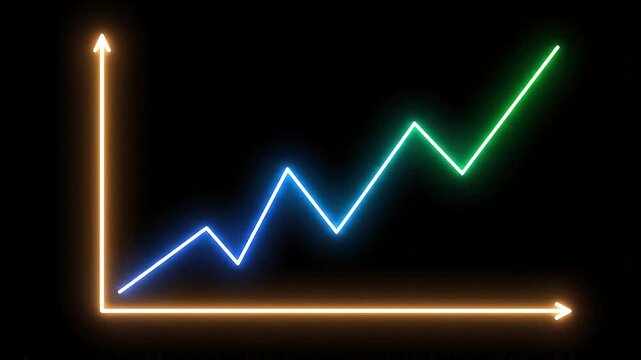 Glowing neon line graph showing financial growth and upward progress on a black background