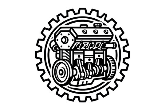 Car engine silhouette inside a mechanical gear cog icon