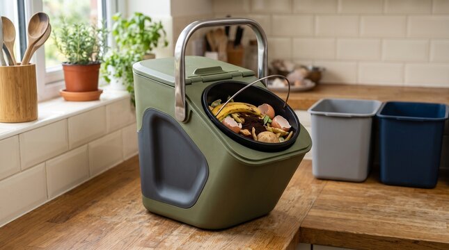 Accessible kitchen composting bin for eco-friendly household waste management on a wooden countertop