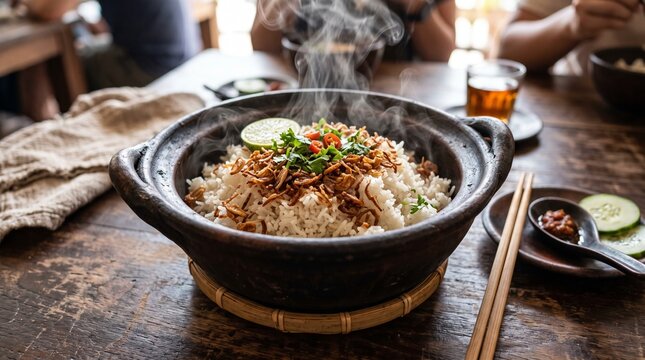 Steaming flavorful vietnamese broken rice com tam with crispy fried onions on clay pot.