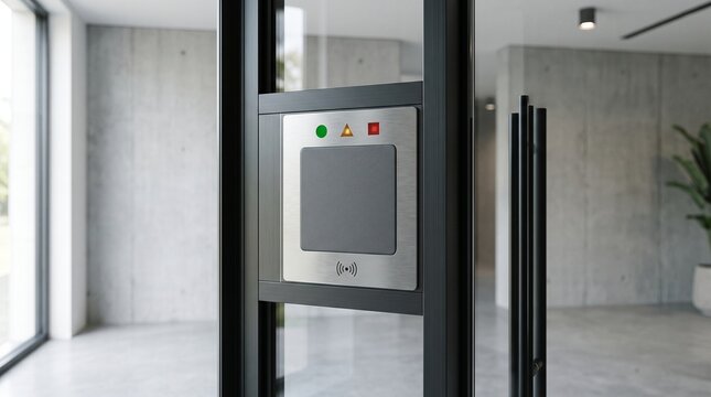 Accessible contactless card reader and access control system mounted on a modern glass door in an office lobby