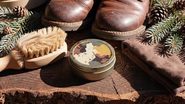 Leather boot care kit on rustic wood table.