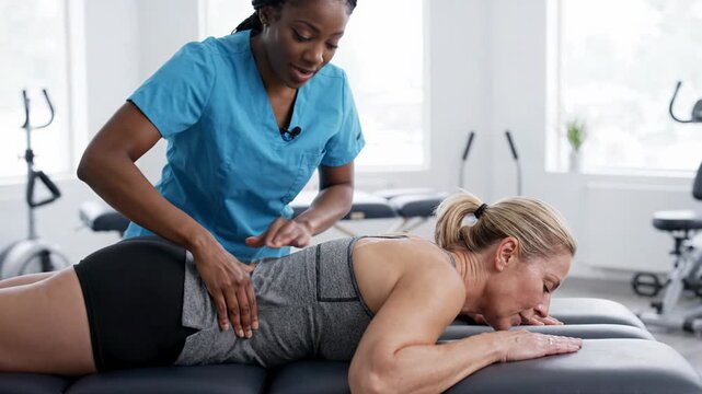 Physical Therapy Patient Receives Therapeutic Massage for Lower Back Pain, Therapist Focuses on Muscle Relief and Healing Rehabilitation, Promoting Wellness and Recovery Care