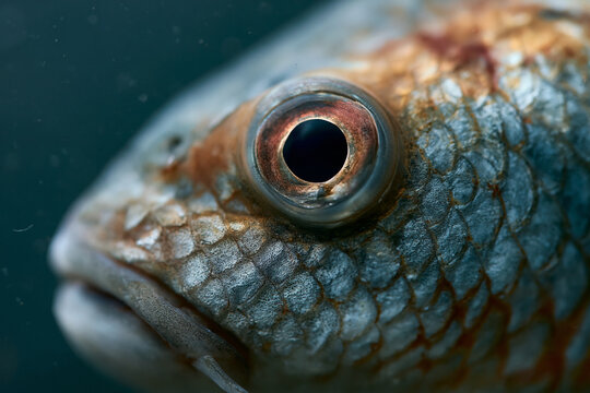 Close-up of fish eye, glistening with water. Scales show texture and subtle color variation. Dark pupil contrasts with reflective iris. Fishes face appears curious and alert