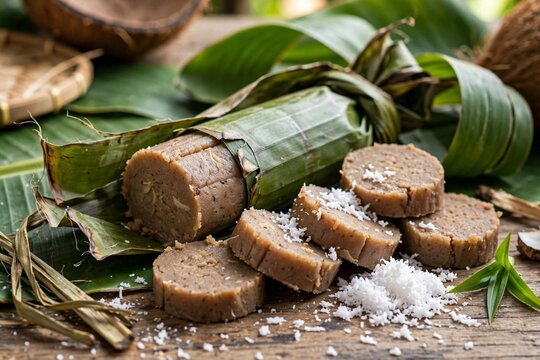 Traditional Indonesian Getuk Pisang Kediri Banana Cake Wrapped in Banana Leaf with Grated Coconut