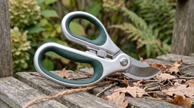 Accessible pruning shears on a wooden table with autumn leaves for gardening tasks and plant care