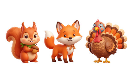 Fototapeta premium 3D Cute Autumn Animal Character Set Isolated on Transparent Background 